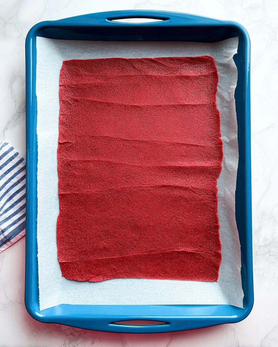 The image shows one large, flat red sheet with a smooth but slightly textured surface lying on a white piece of parchment paper. This paper is placed inside a rectangular blue tray with round edges. The red sheet is thin and evenly spread, with slight creases running across it horizontally in five places. The tray sits on a white marbled background, and in the bottom left corner, a small part of a blue and white striped cloth is visible. photo taken with an iphone --ar 4:5 --v 7