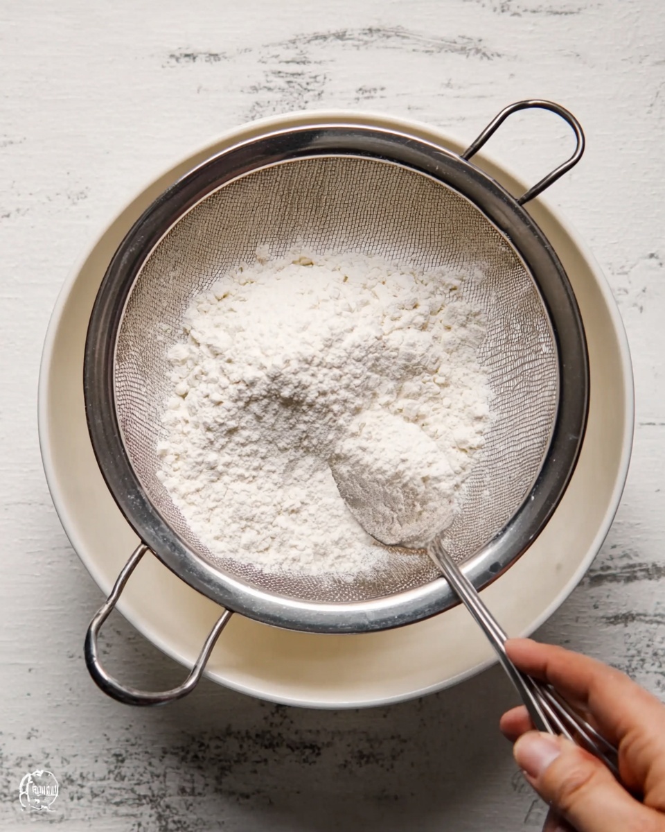 A close-up image of a silver metal strainer holding white powdered flour over a white bowl, with a woman's hand holding a small silver spoon inside the strainer, gently moving the flour. The background is a white marbled texture. Photo taken with an iphone --ar 4:5 --v 7