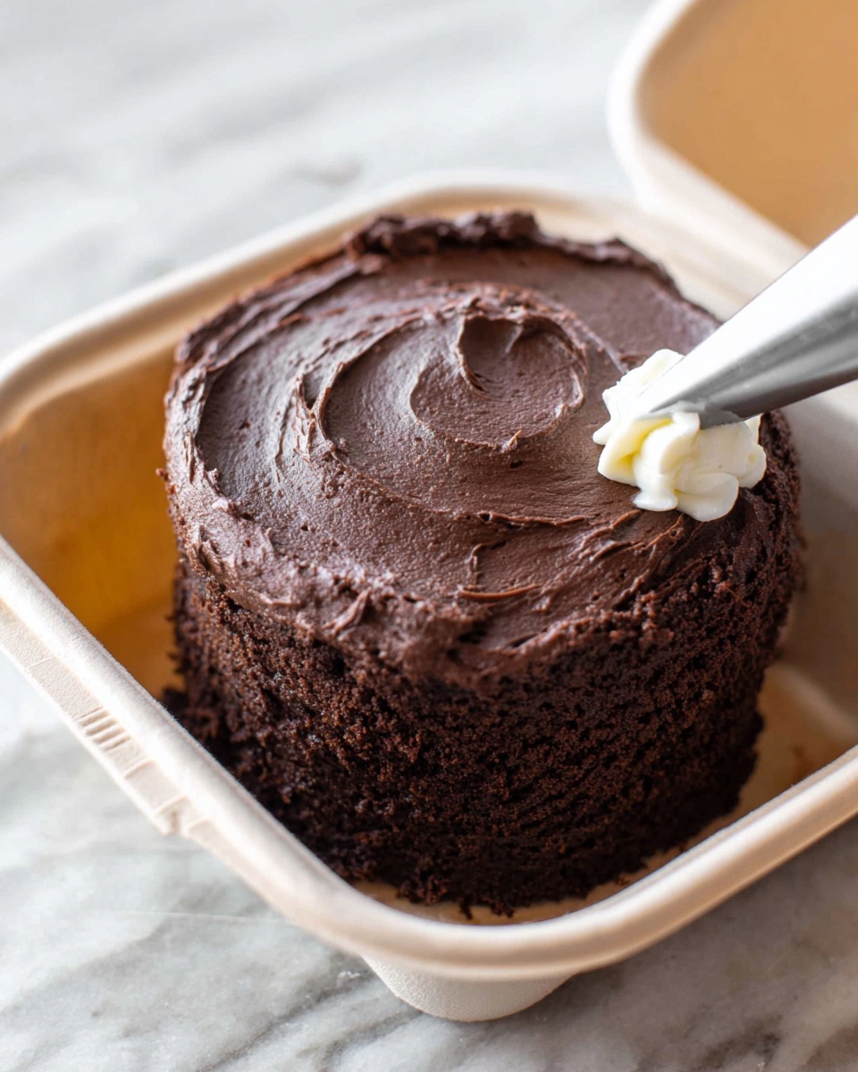 A small round chocolate cake is covered in thick, rough-textured, dark brown frosting with visible swirls and ridges all over. The cake is placed inside a white container with a slightly open lid. A white cream decoration is being piped on the top right side of the cake using a piping bag with a silver tip. The background is a white marbled texture. photo taken with an iphone --ar 4:5 --v 7