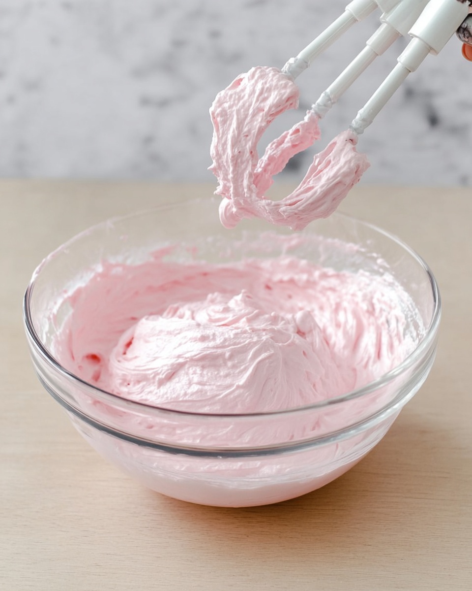 A clear glass bowl filled with fluffy light pink whipped cream, thick and smooth in texture, sitting on a white marbled surface. Above the bowl, a white electric mixer with beaters coated in the same pink cream is held by a woman's hand just out of the frame, with soft peaks of cream clinging to the beaters. The whipped cream has a slightly uneven swirled surface showing movement from mixing. photo taken with an iphone --ar 4:5 --v 7