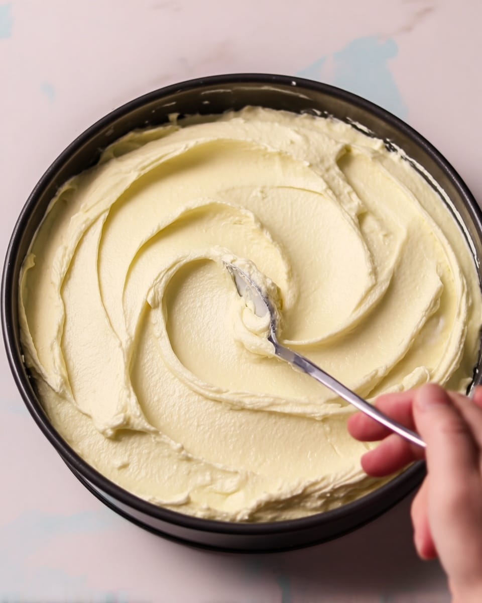 The image shows a single thick layer of smooth, creamy, pale yellow mixture spread evenly in a round black baking pan. The woman's hand is holding a small metal spoon that is gently smoothing the surface in the center, creating soft swirling textures with light shadows and highlights. The edges of the mixture have soft ridges and gentle folds from the spreading motion. The pan is placed on a white marbled surface, and the background has a soft blur with faint pale pink and blue colors. Photo taken with an iphone --ar 4:5 --v 7