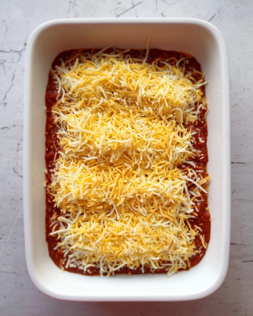 A white rectangular baking dish filled with a layer of red tomato sauce at the bottom, topped evenly with a thick layer of shredded yellow cheese, covering the sauce completely. The dish sits on a white marbled surface, and no other objects are visible around it. Photo taken with an iphone --ar 4:5 --v 7