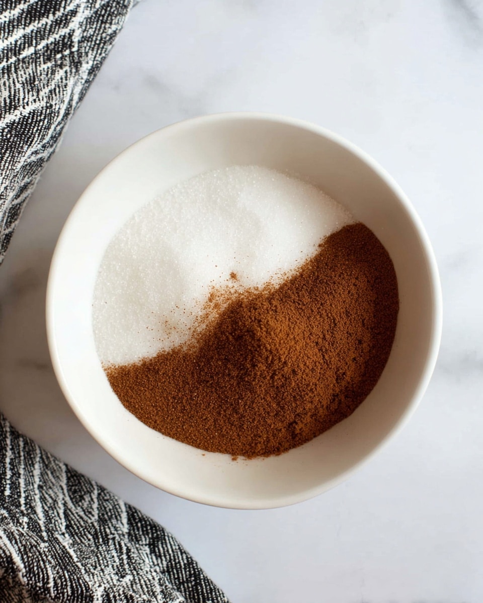 A white bowl sits on a white marbled surface with a small pile of white granulated sugar filling about half of the bowl and a mound of brown cinnamon powder layered on top, mostly covering the right side of the sugar, with a clear contrast between the two powders. To the lower left side of the bowl, a black and white striped cloth is partially visible. photo taken with an iphone --ar 4:5 --v 7
