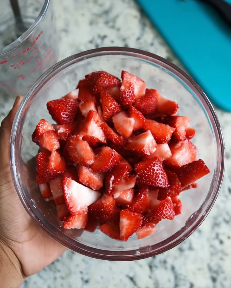 A transparent glass bowl filled with bright red strawberry pieces that are cut into small chunks with white parts showing near the base of each piece. The bowl is held by a woman's hand, with fingers wrapped gently around the sides. The background shows a white marbled texture surface with a partially visible clear measuring cup and a blue cutting board with a black knife on it. The image focuses on the fresh, juicy strawberries inside the bowl, highlighting their vibrant color and natural texture photo taken with an iphone --ar 4:5 --v 7