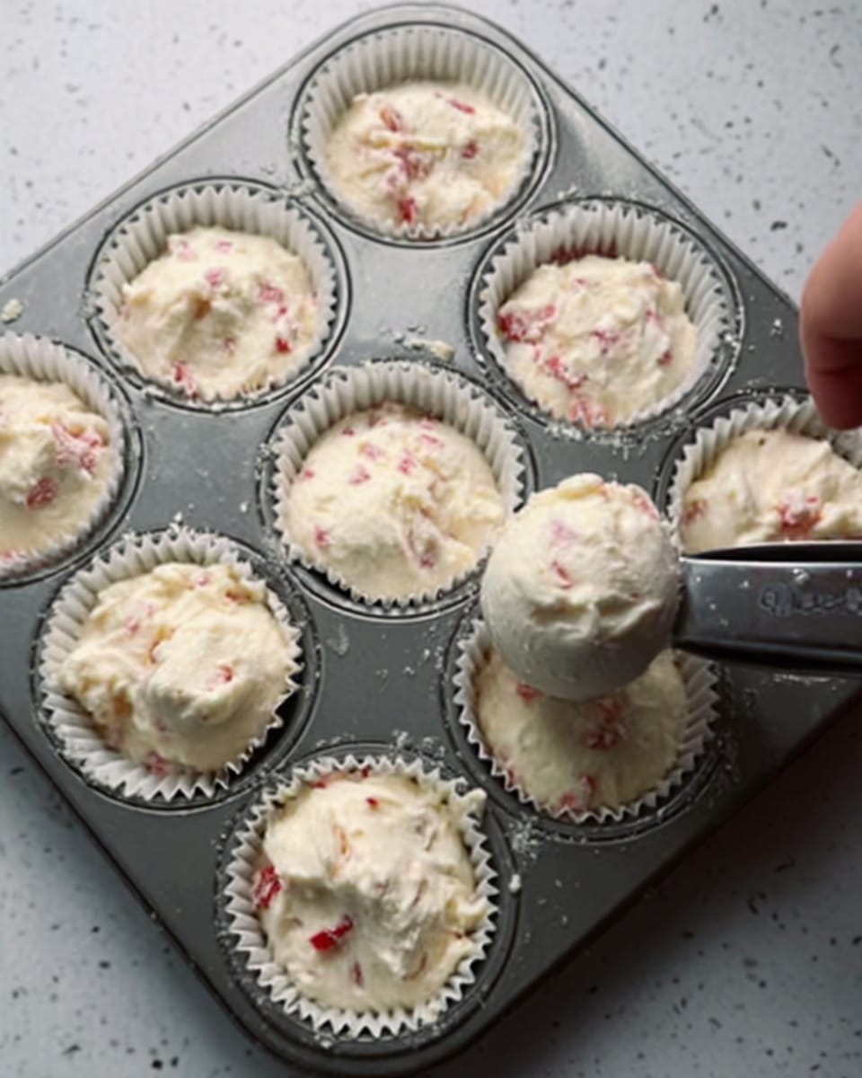 A metal tray filled with multiple white paper muffin liners containing thick, pale batter with small red bits mixed inside. One liner is being scooped with silver ice cream scooper, held by a woman's hand, showing the creamy, slightly chunky texture of the batter. The tray is set on a white marbled surface. photo taken with an iphone --ar 4:5 --v 7