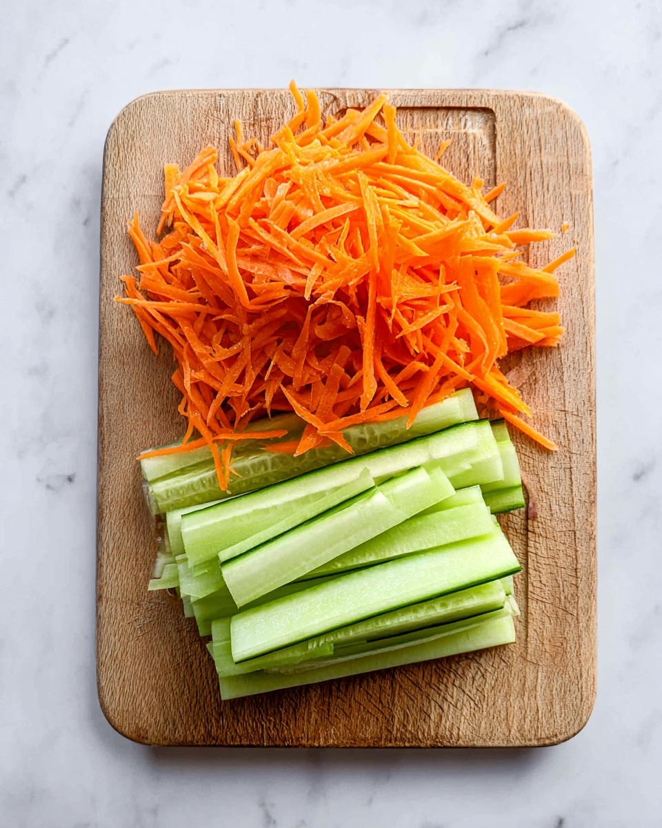 The image shows a wooden cutting board on a white marbled surface. On the board, there are two layers of vegetables: one layer is a pile of thin, bright orange carrot sticks with a shredded texture, and the other layer is a group of pale green cucumber sticks with smooth edges and a fresh look. The carrot layer is on the top left side of the board, and the cucumber sticks are stacked neatly on the bottom right side. The colors contrast nicely with the natural wood of the board and the white marble underneath. photo taken with an iphone --ar 4:5 --v 7