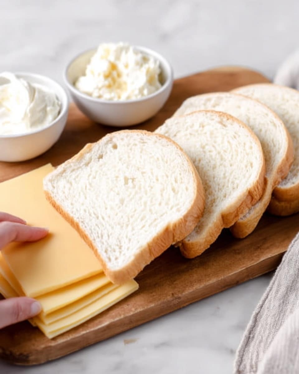 The image shows four slices of white bread placed in a row on a wooden board. In front of the bread slices, there are two slices of yellow cheese stacked and partially overlapping. Behind the bread, two small white bowls hold soft spreadable white substances, possibly butter and cream cheese. A woman's hand is gently holding one edge of the wooden board, and the background surface has a white marbled texture. Photo taken with an iphone --ar 4:5 --v 7