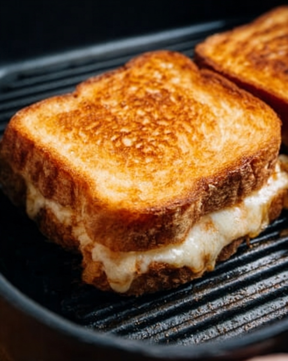 A close-up view of a toasted sandwich with two thick slices of golden brown bread, crisp and slightly oily on the outside. Between the slices, layers of melted cheese peek through, soft and gooey with a creamy texture. The sandwich rests on a black grill pan, showing clear grill marks on the bread's surface, with a white marbled texture underneath the pan, and a woman's hand just touching the edge of the sandwich. photo taken with an iphone --ar 4:5 --v 7