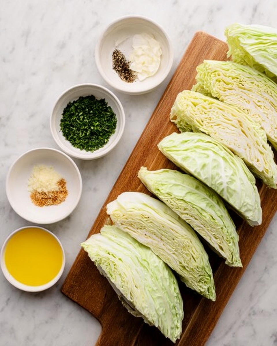 The image shows thick wedges of pale green cabbage arranged in a row on a wooden board on the right side. On the left side, there are five small white bowls placed on a white marbled surface. Starting from the top, the bowls contain black pepper, minced garlic, finely chopped green herbs, light brown flakes, and bright yellow liquid at the bottom. The colors are soft and natural, with layers of the cabbage showing crisp, fibrous texture. Photo taken with an iphone --ar 4:5 --v 7