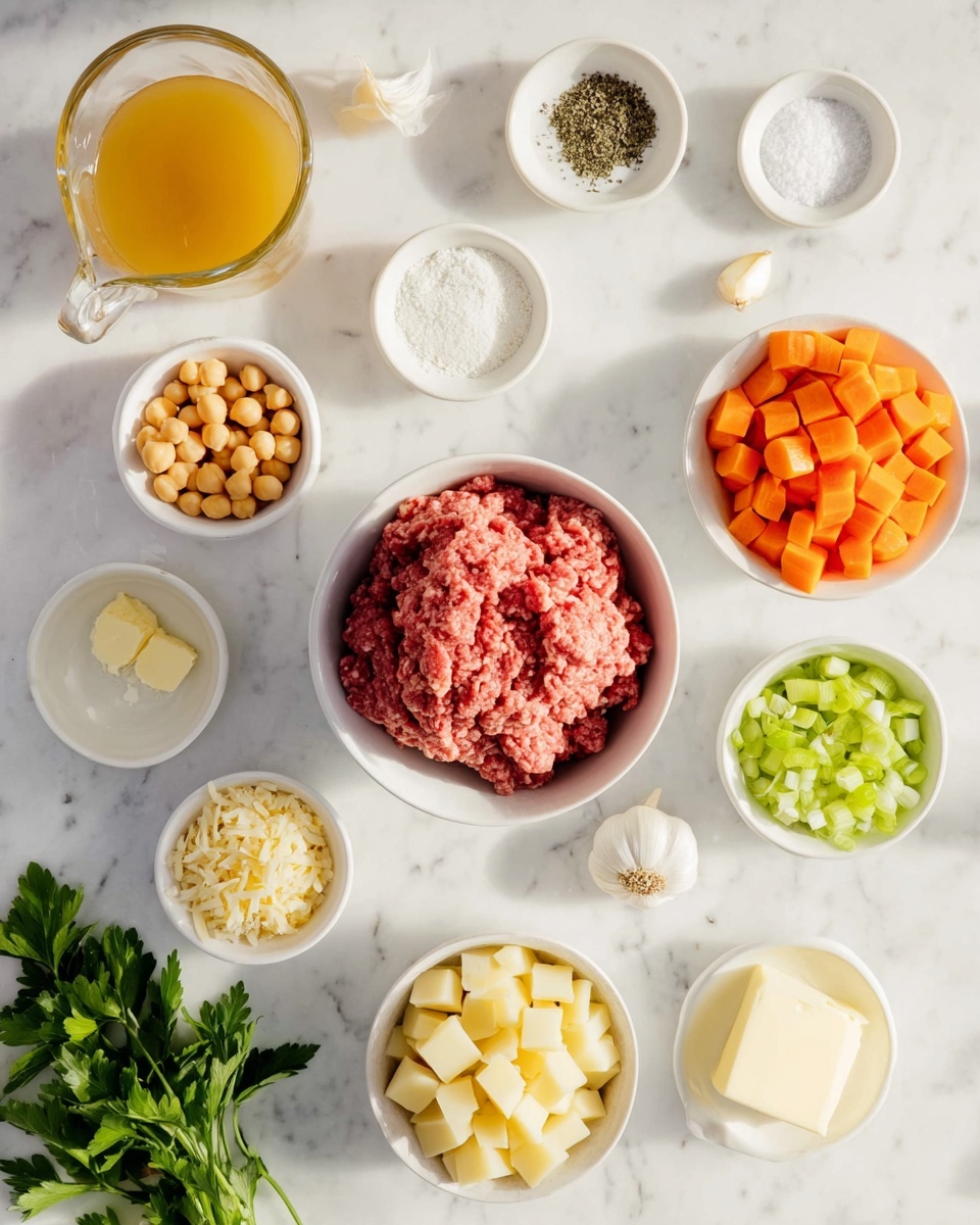 The image shows an overhead view of a white marble surface with several small white bowls and dishes arranged neatly. At the center is a bowl filled with raw ground meat that has a coarse texture and a pinkish-red color. Surrounding it are bowls containing chopped orange carrots, cubed pale yellow potatoes, diced white onions, chopped green celery, chickpeas, and shredded cheese that is a mix of white and yellow. Additional white dishes hold spices including black pepper and dried herbs, a small pile of white flour, two cloves of garlic, a pat of butter, and a small container of light creamy liquid. A clear glass container holds a bright golden-yellow broth. Fresh green parsley leaves lie near the bottom left corner. The lighting is bright and natural, highlighting the colors and textures of the ingredients. photo taken with an iphone --ar 4:5 --v 7