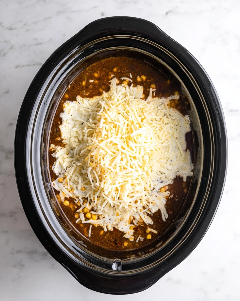 The image shows a black slow cooker filled with layered ingredients. At the bottom is a dark brown, broth-like liquid with small corn kernels scattered within. On top of the broth is a thick layer of creamy white sauce partially covering the surface, leaving some parts of the broth visible. Above that, there is a generous pile of shredded pale yellow and white cheese placed in the center, creating a mound that contrasts with the liquid layers underneath. The slow cooker sits on a white marbled surface. photo taken with an iphone --ar 4:5 --v 7