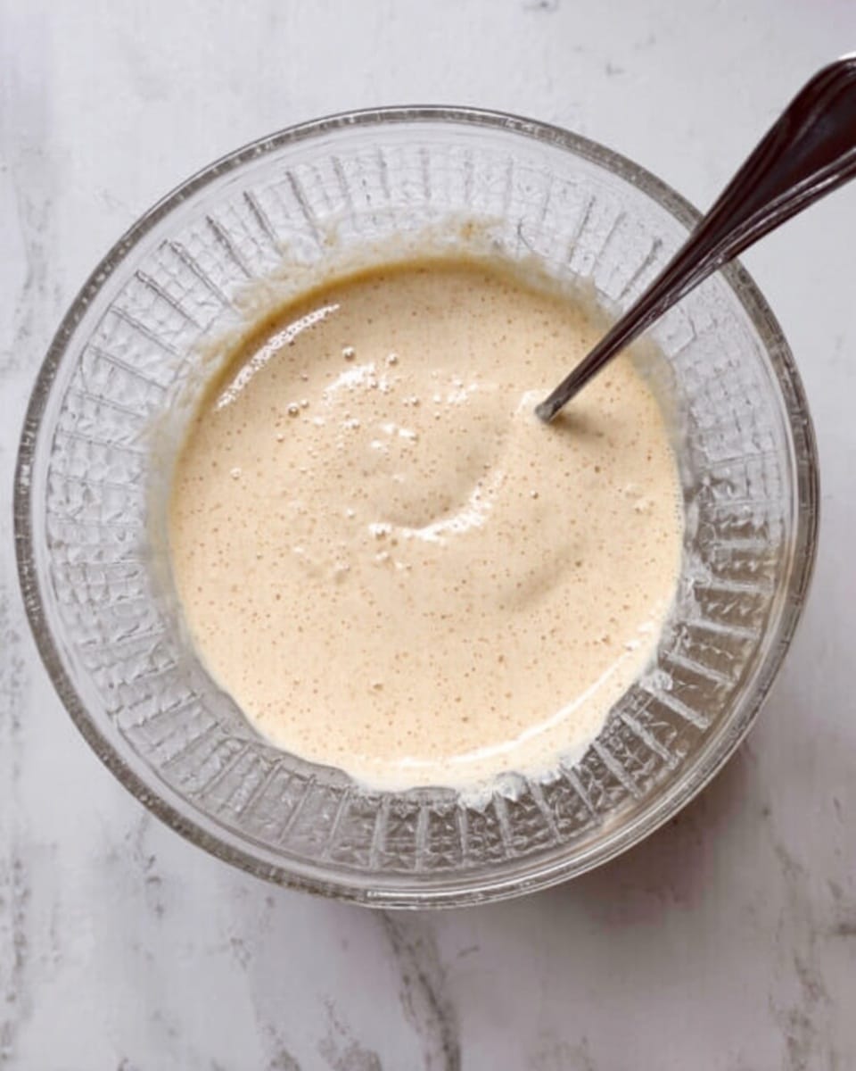 A clear glass bowl is shown from above, placed on a white marbled surface. Inside the bowl, there is a mix of thick, creamy white and light brown layers swirling together. The white layer is smooth and soft, while the light brown layer looks slightly bubbly and frothy, creating a marbled effect in the center of the bowl. A silver spoon rests inside the bowl, partially immersed in the creamy mixture. photo taken with an iphone --ar 4:5 --v 7
