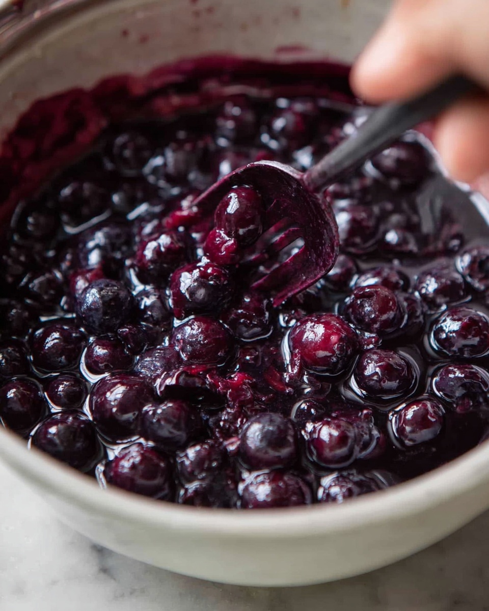 A close-up image shows a white bowl filled with a rich, dark purple mixture of whole and slightly crushed blueberries in a thick syrup. The blueberries vary in size and shine under the light, with some crushed to release juices that create a glossy texture across the mixture. A dark purple fork, held by a blurred woman's hand, is pressing into the fruit, causing more juice to spread. The bowl sits on a white marbled surface that contrasts with the deep colors of the berries. photo taken with an iphone --ar 4:5 --v 7