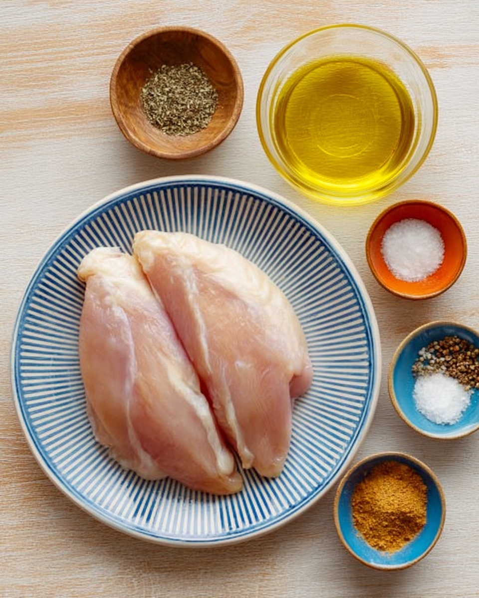 The image shows two raw chicken pieces placed on a white plate with blue stripes around the edge. Around the plate, there are five small bowls and glasses arranged on a light wood surface, changed to a white marbled texture: a clear glass with yellow oil at the top right, a small white bowl with black pepper to the right of the oil, a small wooden bowl with white salt below the pepper, a small orange bowl with mixed spices below the salt, and a small blue bowl with a light brown powder to the right of the orange bowl. The chicken pieces look smooth and pale pink. photo taken with an iphone --ar 4:5 --v 7