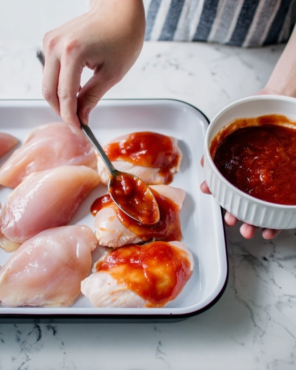 A close-up shot shows a woman's hand using a small spoon to spread red sauce over raw pale pink chicken pieces arranged in a white rectangular tray with a black rim. The tray sits on a white marbled surface. One chicken piece is fully covered with sauce, while the others are in the process of being coated. Another woman's hand holds a white bowl filled with more sauce on the right side of the image. Photo taken with an iphone --ar 4:5 --v 7