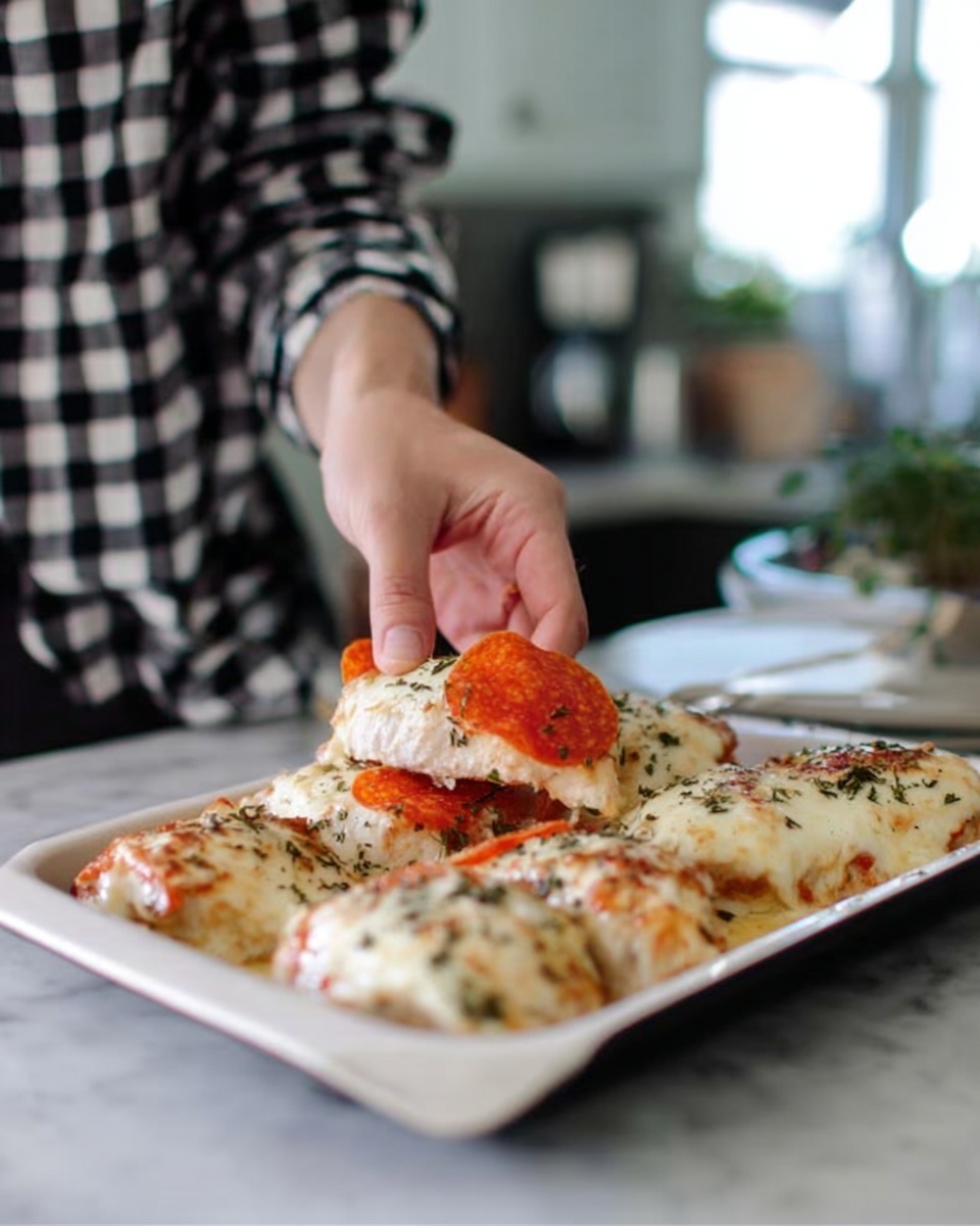 A white tray filled with several creamy baked pieces of chicken topped with melted cheese and herbs. On top of one piece, a thin bright orange slice of pepperoni is being placed by a woman's hand wearing a checkered black and white shirt. The tray is set on a white marbled surface, showing a cozy kitchen background with soft natural light. Photo taken with an iphone --ar 4:5 --v 7