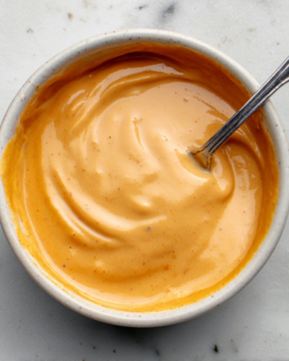 A close-up of a white bowl filled with a thick, smooth, creamy light orange sauce. The sauce has a glossy texture with soft swirls on the surface, and there is a silver spoon partially dipped into it, resting inside the bowl. The bowl sits on a white marbled surface. photo taken with an iphone --ar 4:5 --v 7