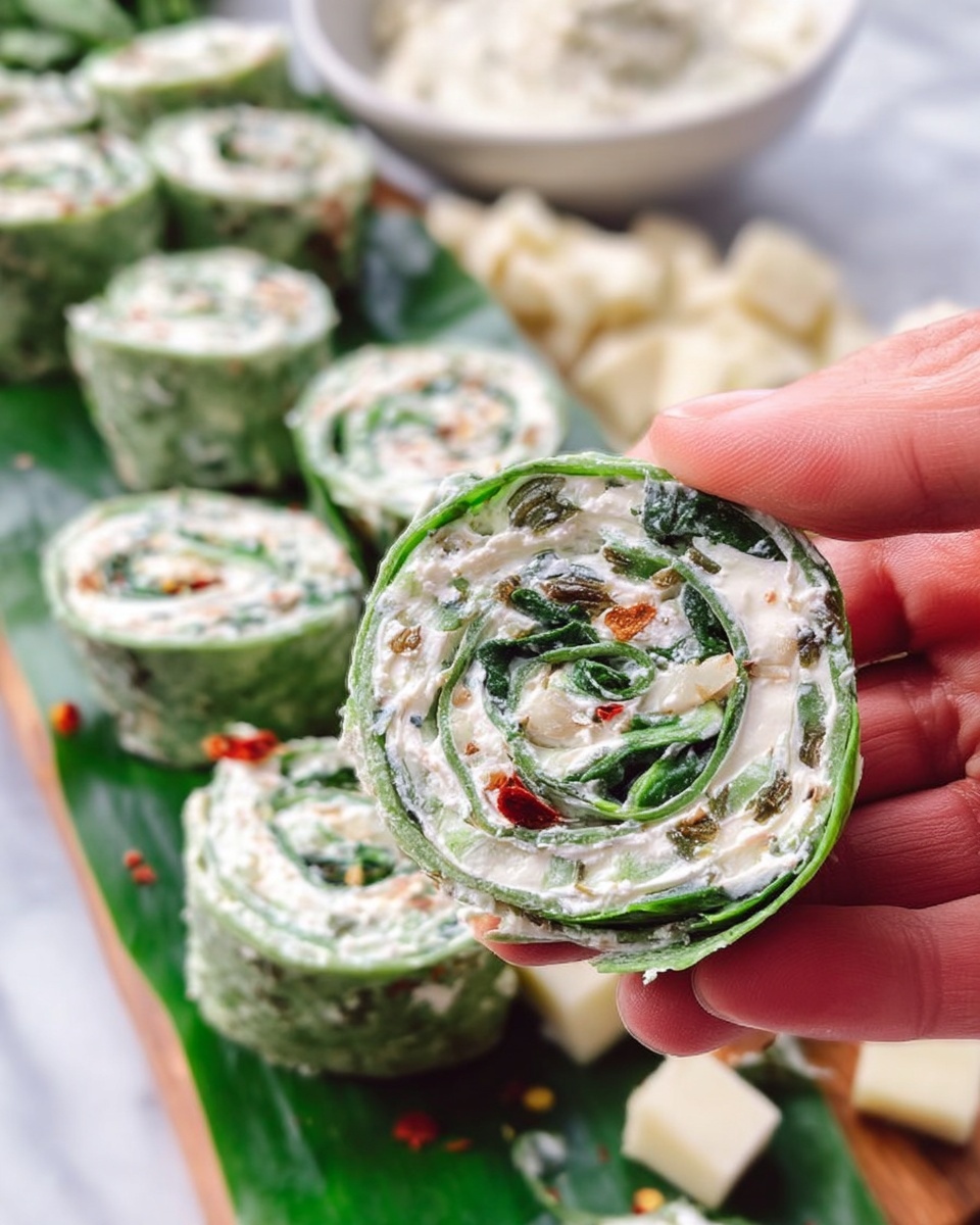 A close-up image of a woman's hand holding a green spinach wrap roll that is sliced into spiral layers. The wrap shows three main layers: the outer green leafy spinach wrap, a thick white creamy cheese filling mixed with green spinach leaves and small bits of light-colored pieces, and tiny red pepper flakes sprinkled inside the filling. In the background, several more sliced rolls are neatly arranged on a leaf over a white marbled surface. There is also a white bowl full of the creamy spinach cheese spread and some chunks of a light beige ingredient around it. Photo taken with an iphone --ar 4:5 --v 7
