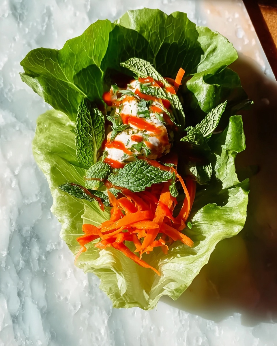 A single lettuce leaf serves as the base layer, light green and crisp with some ruffled edges. Inside, there is a small pile of thin, bright orange carrot strips placed neatly in the center. On top of the carrots, there is a curved piece of white cooked meat, lightly seasoned with green herbs and drizzled with thin lines of red sauce. Fresh green mint leaves are scattered over the meat, adding texture and color contrast. The whole wrap rests on a white marbled surface with bright natural light highlighting the textures and colors. Photo taken with an iphone --ar 4:5 --v 7