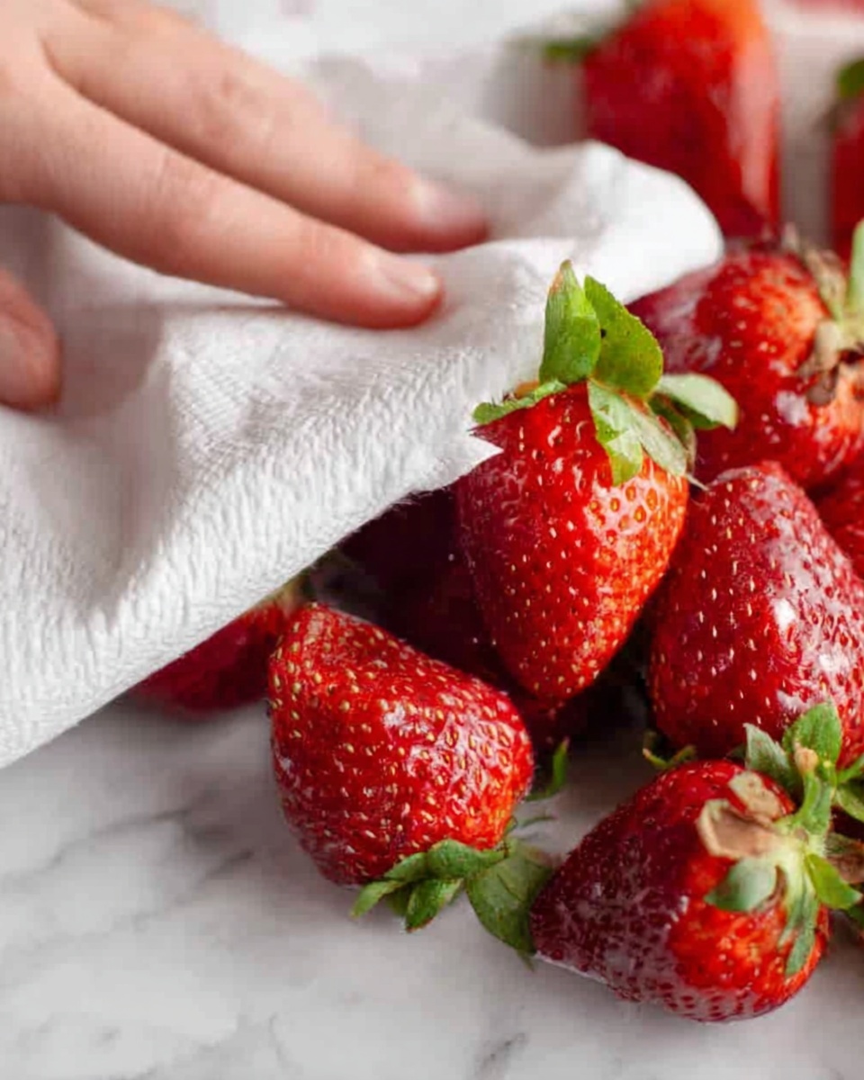 The image shows a close-up of bright red strawberries with green leaves placed on a white marbled surface. A woman's hand is gently wiping the strawberries with a white paper towel, partially covering some of the strawberries. The strawberries have a smooth, shiny texture with small seeds visible on their surface. The scene is well-lit, highlighting the freshness and vibrant color of the strawberries. photo taken with an iphone --ar 4:5 --v 7