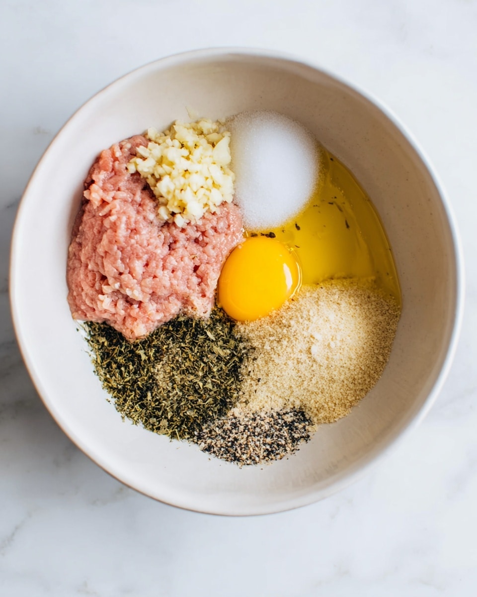 A white bowl holds multiple ingredients separated but close together. At the bottom left is a light pink layer of raw ground meat, topped with a small pile of pale minced garlic toward the center. Above the meat is a dollop of smooth white texture, likely a moist ingredient. To the top right, a small pool of golden yellow oil surrounds a bright yellow raw egg yolk. Covering the lower right part are several dry powdered layers: light beige breadcrumbs, a deep green herb mixture, and small piles of black and white granules, likely spices or salt. The bowl sits on a white marbled surface. photo taken with an iphone --ar 4:5 --v 7