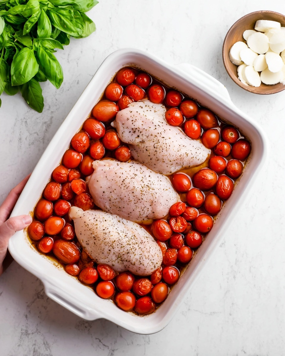 The image shows a white rectangular baking dish filled with three raw chicken pieces placed on a bed of bright red cherry tomatoes that cover the bottom layer evenly. The chicken pieces sit on top, each sprinkled with black pepper, and have a natural pinkish color with smooth texture. The dish is set on a white marbled surface with a small bowl of sliced white mozzarella cheese and a bunch of fresh green basil leaves nearby. A woman's hand holds the baking dish from the top left corner. Photo taken with an iphone --ar 4:5 --v 7