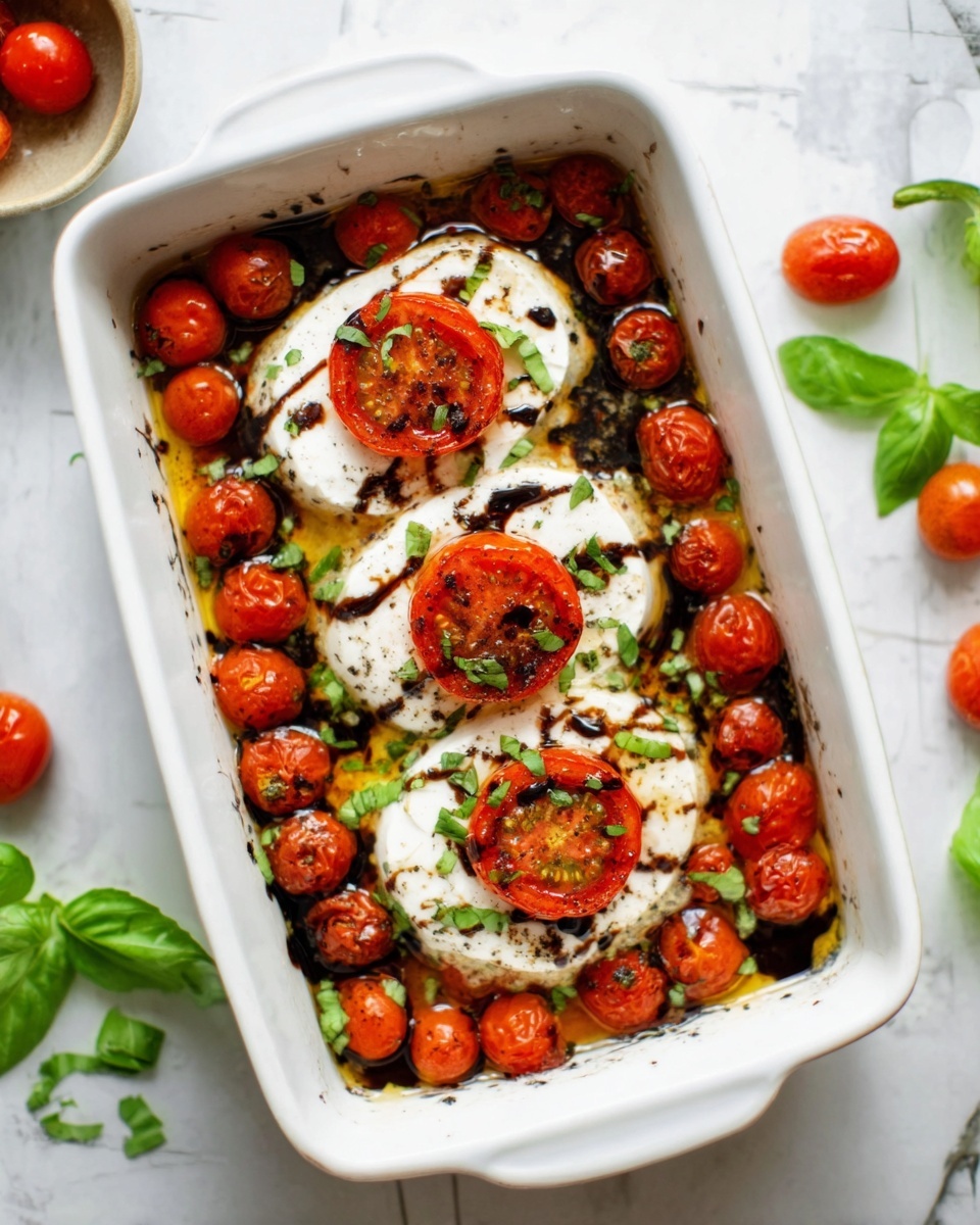 A white rectangular dish filled with a layer of small red cherry tomatoes that look roasted, topped with three thick white cheese slices each covered by a round slice of red tomato. A dark balsamic glaze is drizzled over the cheese and tomatoes. Fresh green basil leaves are scattered on and around the dish. The dish is placed on a white marbled surface with a few scattered cherry tomatoes and green basil leaves visible. Photo taken with an iphone --ar 4:5 --v 7