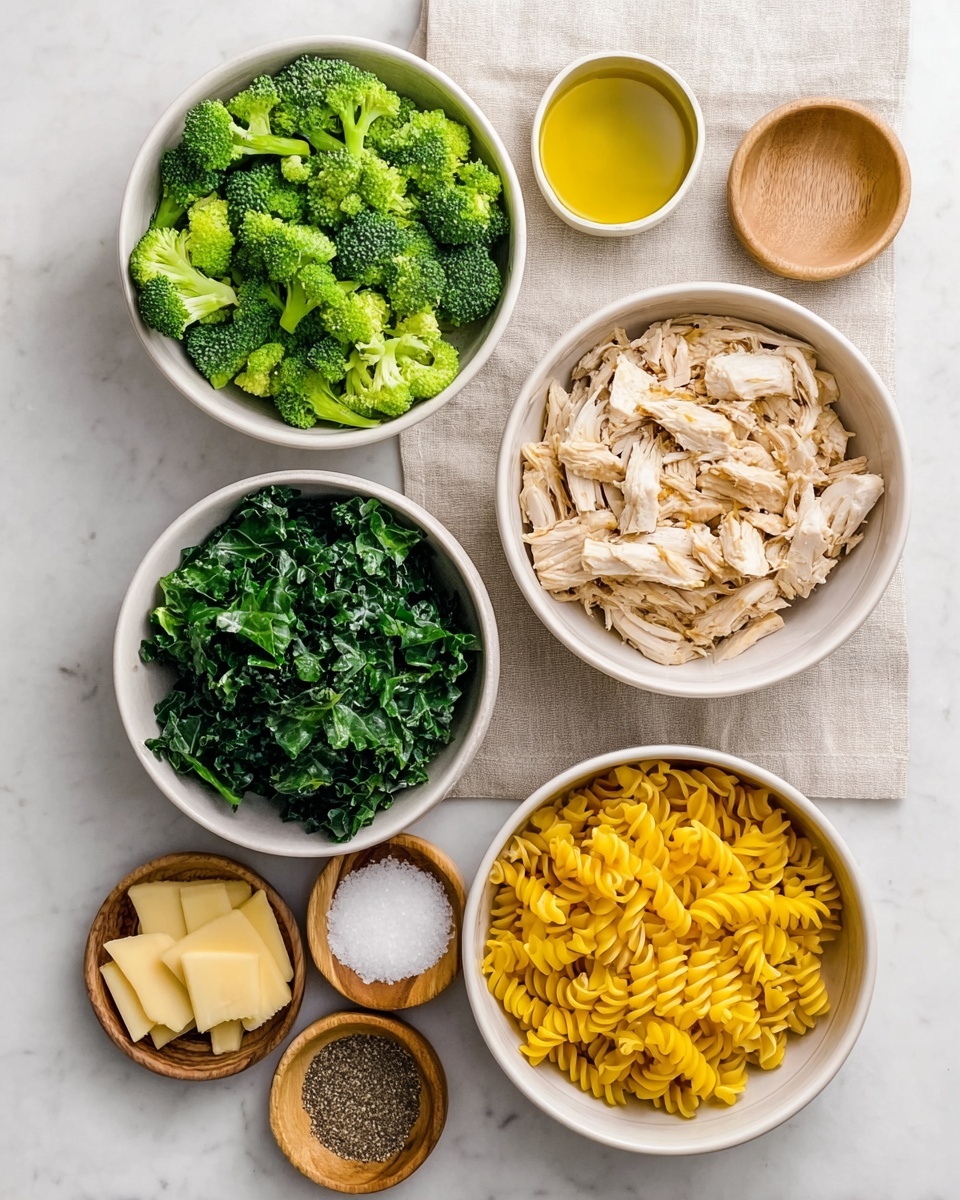 The image shows a white marbled surface with a beige cloth underneath five white bowls and two small round wooden containers. The top left white bowl is filled with bright green broccoli pieces. To the right, a white bowl contains light beige shredded chicken. Below, another white bowl holds dark green chopped kale. A fourth white bowl in the center bottom is filled with bright yellow cooked pasta spirals. Near the bottom left, a small white bowl contains thin slices of light yellow cheese next to two small round wooden bowls with black pepper and white salt. Finally, a small white bowl with yellow olive oil sits beside them. Photo taken with an iphone --ar 4:5 --v 7