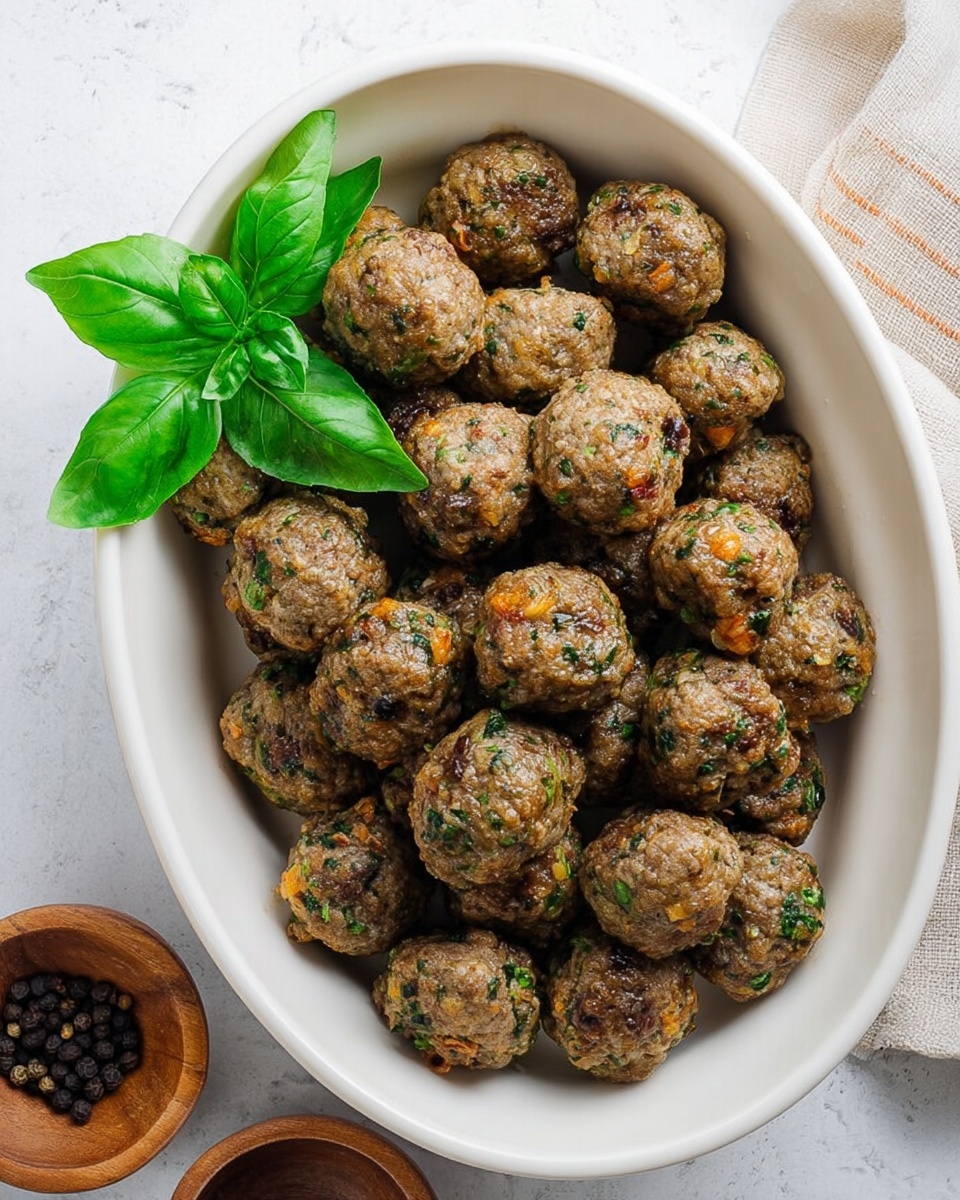 A white oval dish filled with about 30 small round meatballs that have bits of green herbs and small orange pieces inside them, giving a speckled look. The meatballs are piled in the dish, with a small bunch of fresh bright green basil leaves on top for decoration. The dish is placed on a white marbled surface, and parts of two small wooden bowls with black peppercorns are visible at the bottom edge of the image. photo taken with an iphone --ar 4:5 --v 7