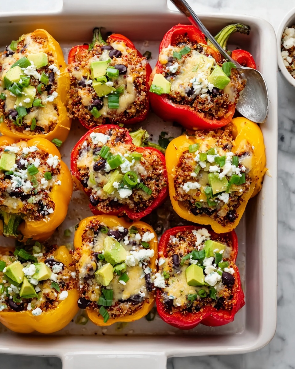The image shows a white rectangular dish filled with eight stuffed bell pepper halves arranged closely in two rows. The bell peppers are bright yellow and red, each cut lengthwise with the stems still attached. Inside each pepper is a layer of cooked quinoa mixed with black beans and small red pieces, topped with melted light yellow cheese, white crumbly cheese, and chopped green onions scattered over the top. Small cubes of bright green avocado are sprinkled on some peppers. The dish sits on a white marbled surface with a spoon resting inside the dish near the top right. The photo taken with an iphone --ar 4:5 --v 7