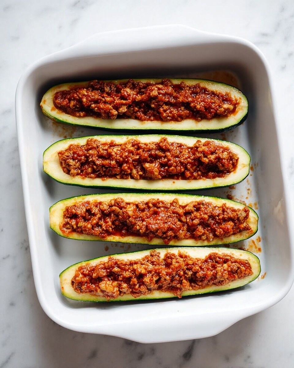 A white baking dish holds four zucchini halves placed side by side, each hollowed out and filled with a brownish-red meat mixture that looks soft and textured, slightly overflowing. The zucchini skin is rich green, holding the filling inside. The white marbled surface is visible underneath the dish. photo taken with an iphone --ar 4:5 --v 7