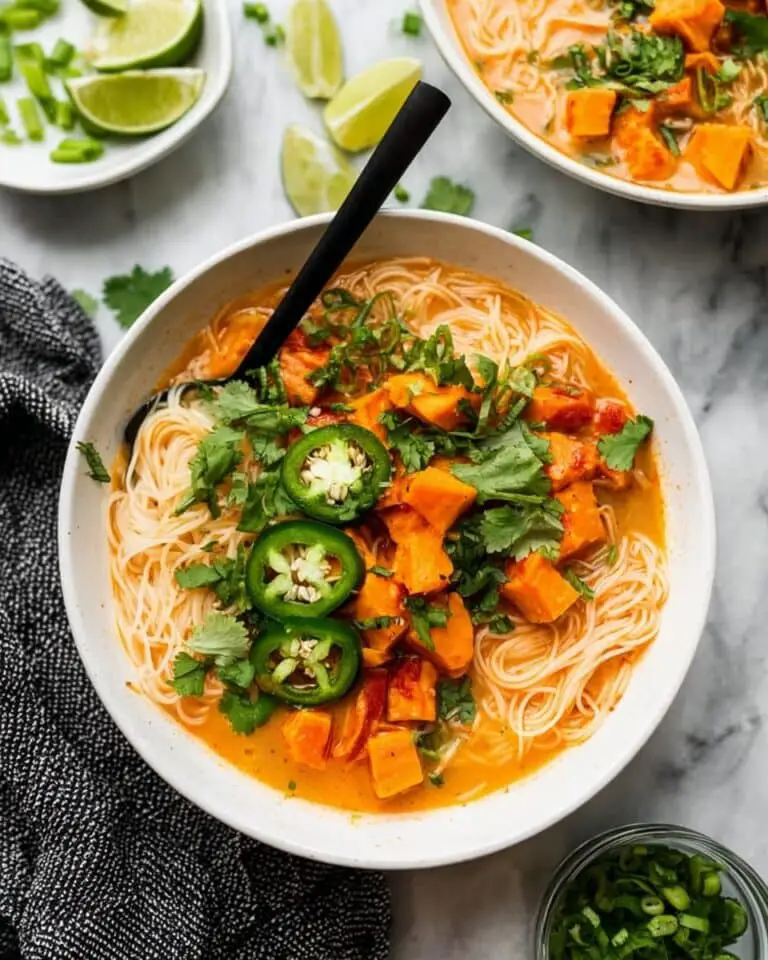 Coconut Curry Soup with Sweet Potatoes, Carrots, and Rice Noodles Recipe