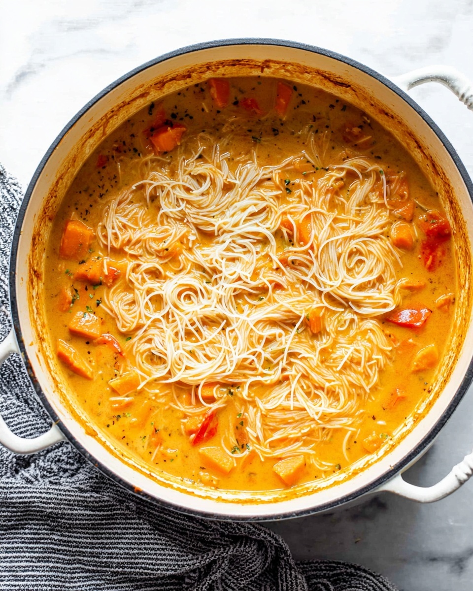 A large white pot filled with a creamy orange soup that has chunks of orange vegetables like sweet potatoes and red bell peppers scattered throughout. On top of the soup, there is a nest of thin, white noodles spread evenly across the surface, creating a delicate, tangled layer. The pot is set on a white marbled surface with a gray and white striped cloth nearby. The inside edges of the pot show some splashes of the orange soup, adding a natural, home-cooked feel. Photo taken with an iphone --ar 4:5 --v 7