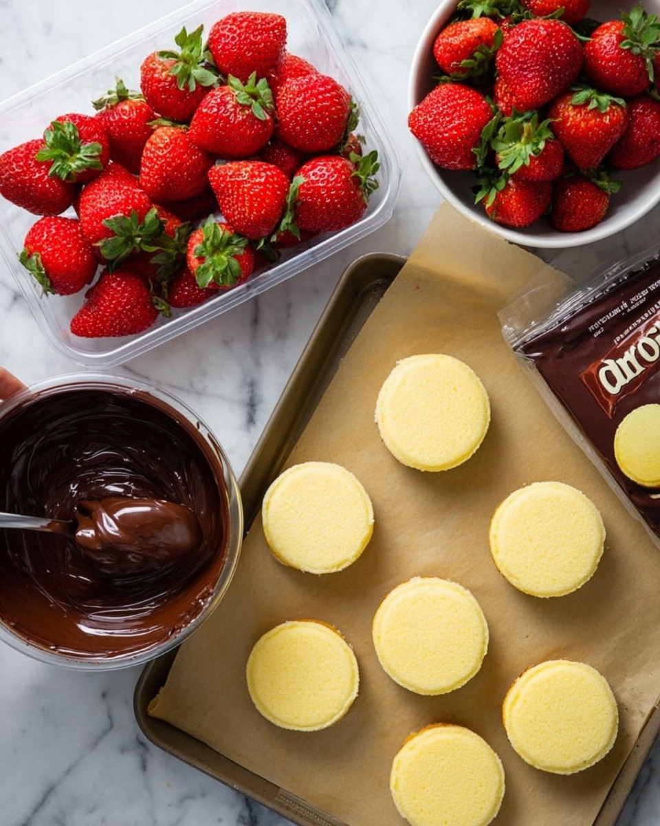 The image shows several small round cakes with smooth yellow tops arranged neatly on a parchment-lined tray in the center. To the left, there is a bowl full of rich, melted dark chocolate with a spoon inside, showing shiny and thick texture. Above that, there is a clear plastic container filled with fresh red strawberries, and next to it a small white bowl also filled with bright red strawberries with green leaves. The background is a white marbled surface, and a woman's hand is partly visible holding the chocolate spoon. photo taken with an iphone --ar 4:5 --v 7