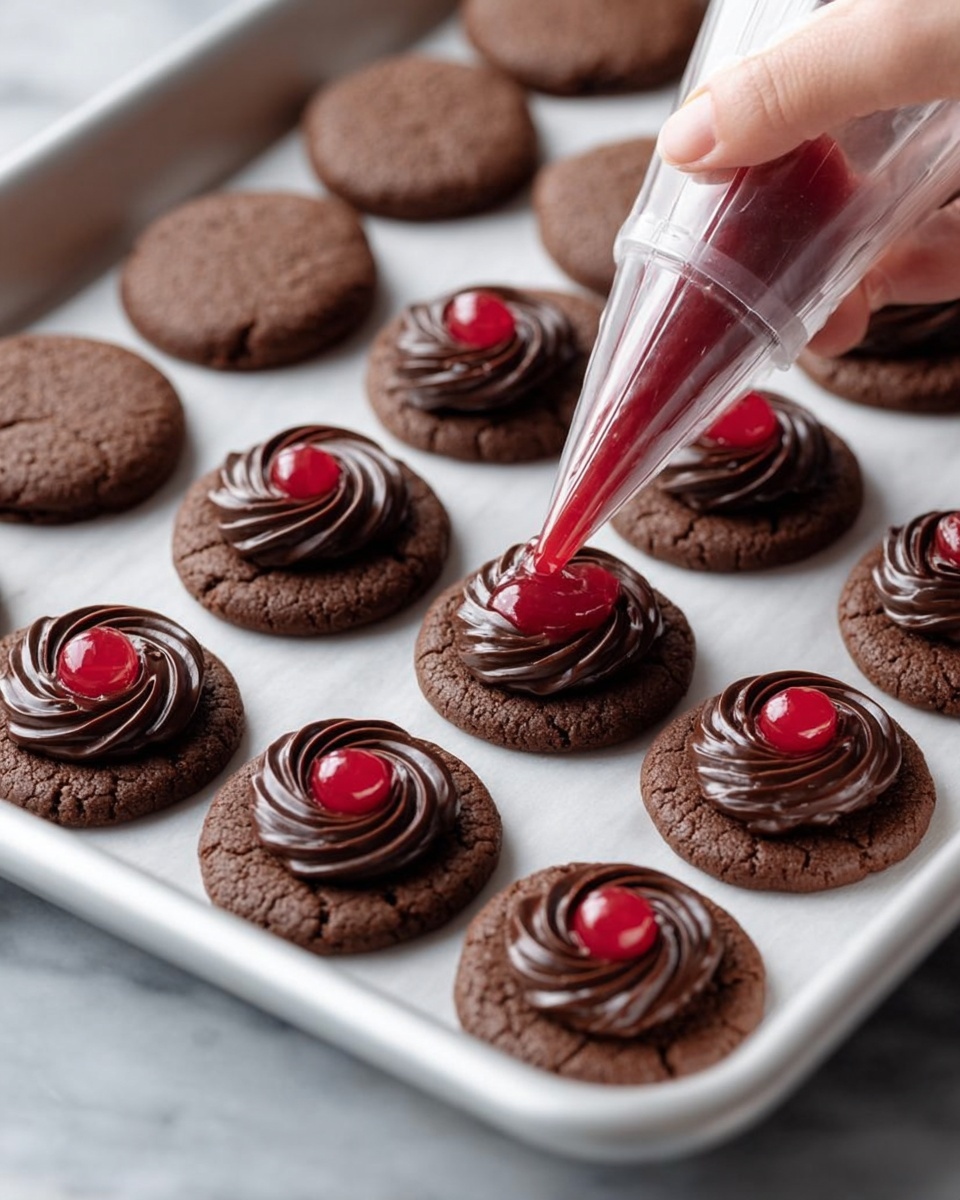A close-up shows rows of round chocolate cookies on a white baking sheet placed on a white marbled surface. Each cookie has two layers: the bottom layer is a flat, baked chocolate cookie with a cracked texture and dark brown color; the top layer is a smooth, glossy swirl of darker chocolate cream, dolloped in a circle on half of the cookies. In the center of each chocolate cream swirl, a bright red dollop of jelly is being carefully squeezed by a woman's hand holding a clear piping bag with a metal tip. The background is softly blurred, focusing on the detailed cookie decoration. photo taken with an iphone --ar 4:5 --v 7