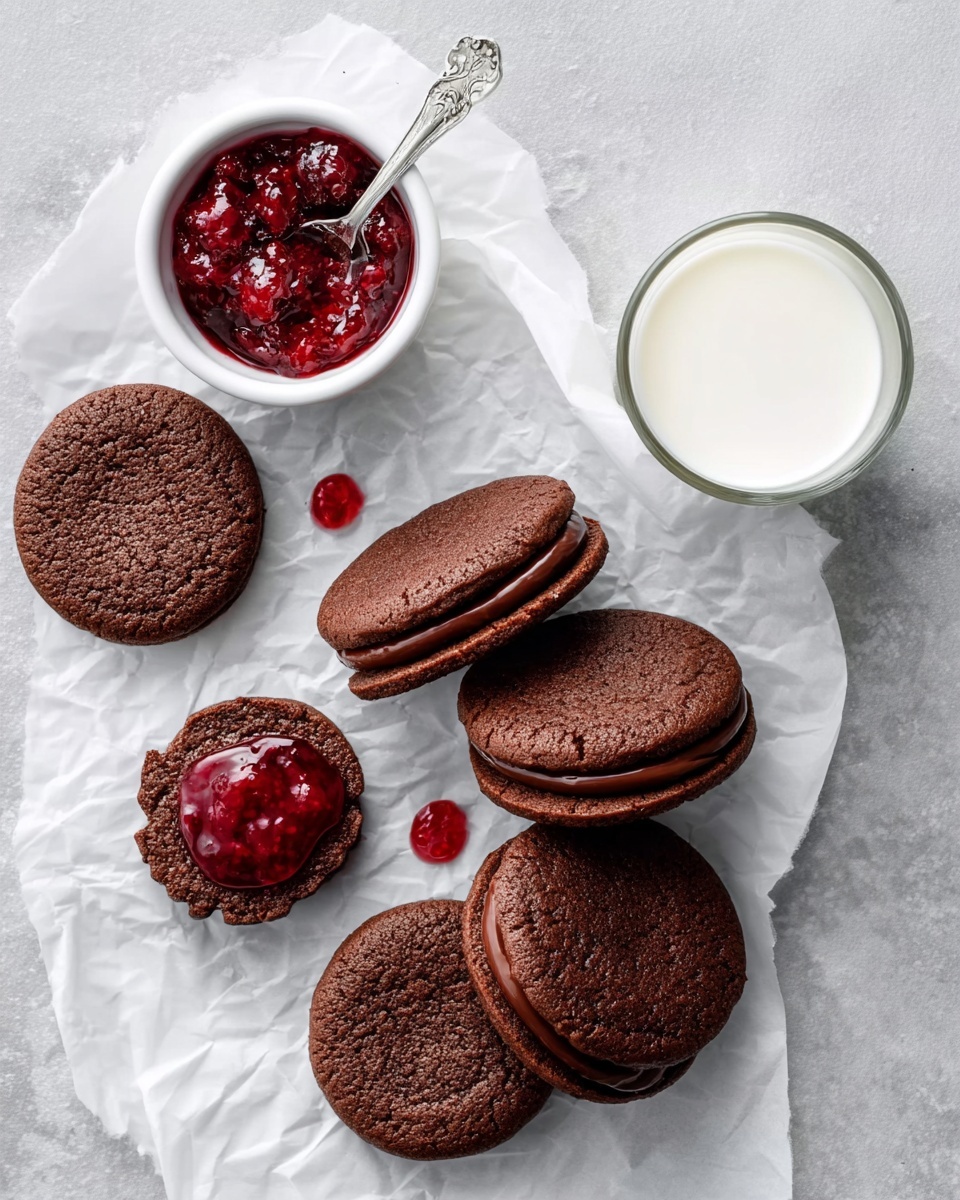 The image shows eight dark brown chocolate sandwich cookies scattered on crinkled white parchment paper over a white marbled surface. Each cookie has two textured chocolate biscuit layers with a smooth dark chocolate cream in the middle, except one cookie is open, showing the chocolate cream layer topped with a bright red cherry jam. On the left side near the top, there is a small white bowl filled with the same cherry jam and a spoon resting inside it. To the right of the cookies, there is a clear glass filled with white milk. The overall colors are dark brown, white, and bright red, with soft natural lighting. Photo taken with an iphone --ar 4:5 --v 7