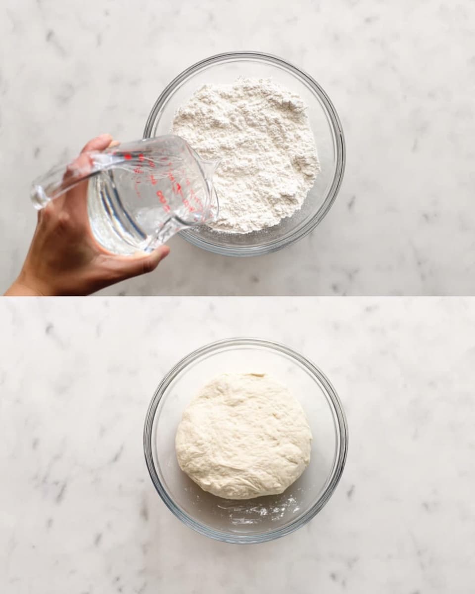 The first image shows a clear glass bowl containing a large pile of white flour in the center. A woman's hand is holding a glass measuring cup filled with water, pouring it slowly into the flour from the right side of the bowl. The background is a white marbled surface. The second image shows the same clear glass bowl with the flour now mixed into a smooth, soft dough ball sitting in the center. The dough is pale white, with a slightly textured surface where it has been shaped. The background remains a white marbled surface. photo taken with an iphone --ar 4:5 --v 7