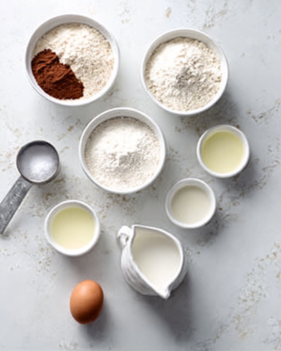 The image shows a white marbled surface with several small white bowls and containers arranged neatly, each holding different ingredients. There is a bowl filled with white flour, another with brown cocoa powder, and a container with a clear yellow liquid. A small glass holds white granulated sugar and another small bowl contains a white powder. A small silver spoon is placed beside a little bowl of dark vanilla extract. An orange egg is placed near the center of the ingredients. Also visible are two small silver cups containing salt and baking soda. A white jug likely contains milk or cream. The whole arrangement is clean and orderly, with soft natural light illuminating the ingredients. photo taken with an iphone --ar 4:5 --v 7