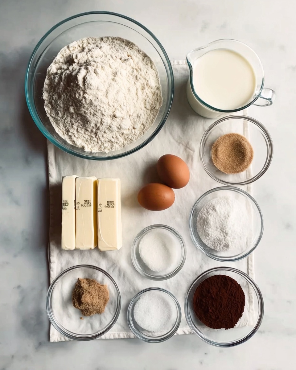A top view of a white marbled surface with baking ingredients arranged neatly. On the left side, there is a large clear glass bowl filled with white flour. To the right of the flour, a clear glass measuring cup holds white milk. Next to the milk, a smaller clear glass bowl contains light brown sugar. Below these, two sticks of unsalted butter wrapped in paper are placed side by side. A white bowl with three brown eggs is near the center. To its right, a small clear glass bowl with white granulated sugar. Below that, there are three small clear glass bowls: one with white salt, one with beige dry yeast, and one with dark brown cocoa powder. The items are evenly spaced on a white cloth on the white marbled surface. Photo taken with an iphone --ar 4:5 --v 7
