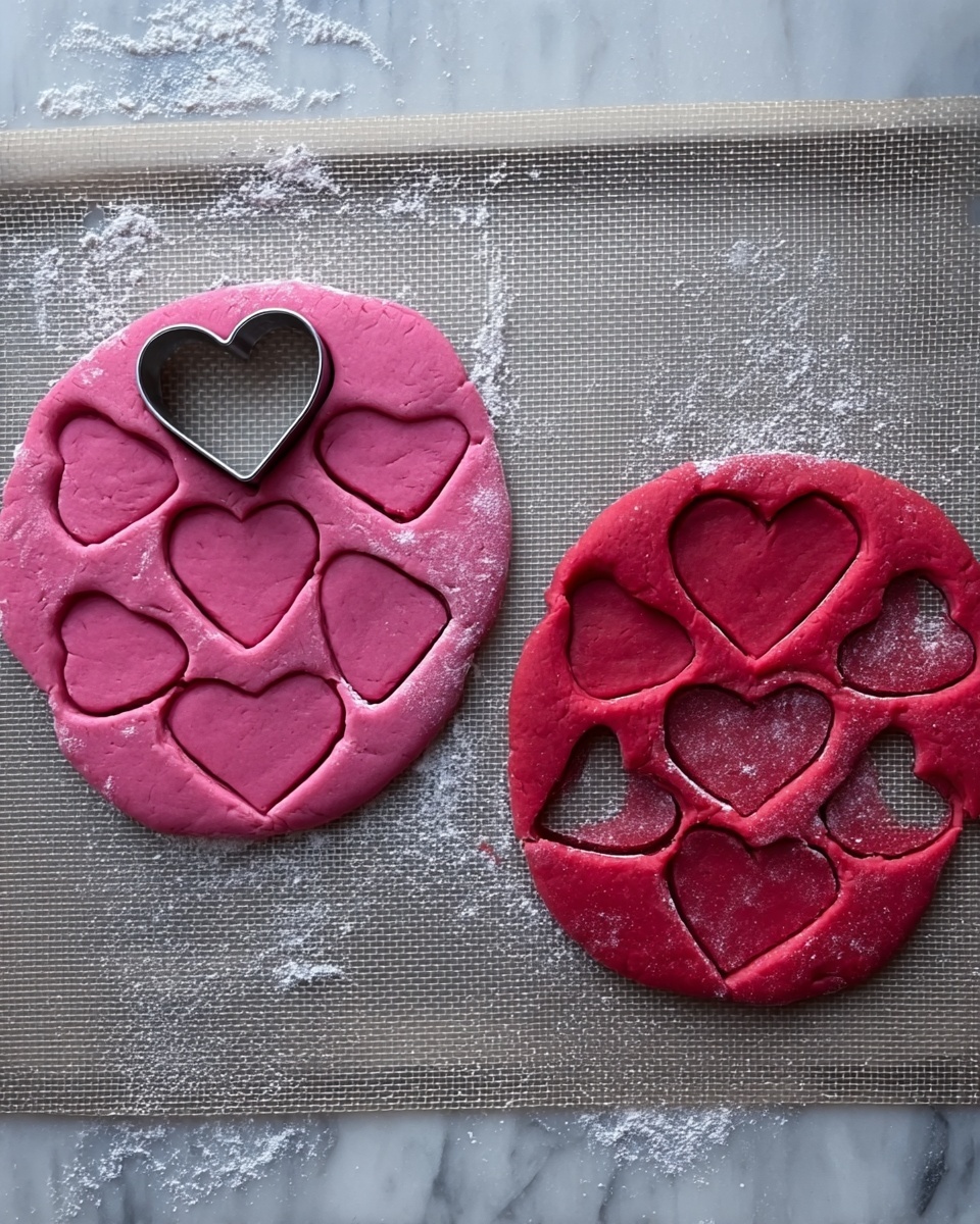 Two flattened dough shapes are shown on a baking mat with a greyish tone. The dough on the left is bright pink with eight heart shapes cut from it, arranged closely together, and a heart-shaped metal cutter placed near the center heart. The dough on the right is darker red with eight heart shapes cut from it as well, carefully placed in a similar pattern. Both dough pieces have some white flour dust scattered over them. The background is a white marbled texture. photo taken with an iphone --ar 4:5 --v 7