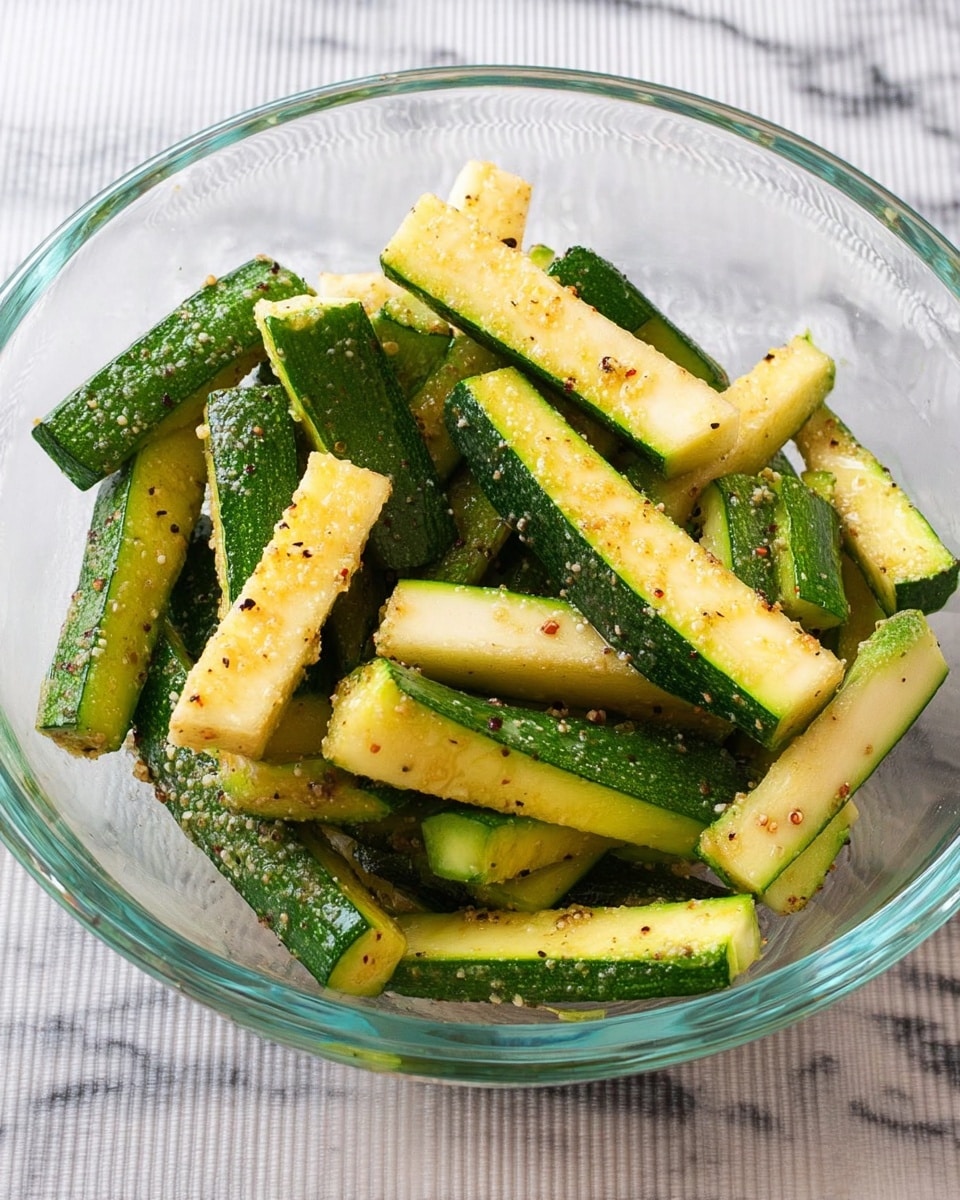 A clear glass bowl filled with about two layers of thick, rectangular green zucchini sticks with pale inner flesh. The zucchini is lightly coated with a mix of small specks of dark seasoning and tiny grains, giving a slightly rough texture all over. The bowl sits on a white marbled surface with a subtle pattern underneath. Photo taken with an iphone --ar 4:5 --v 7