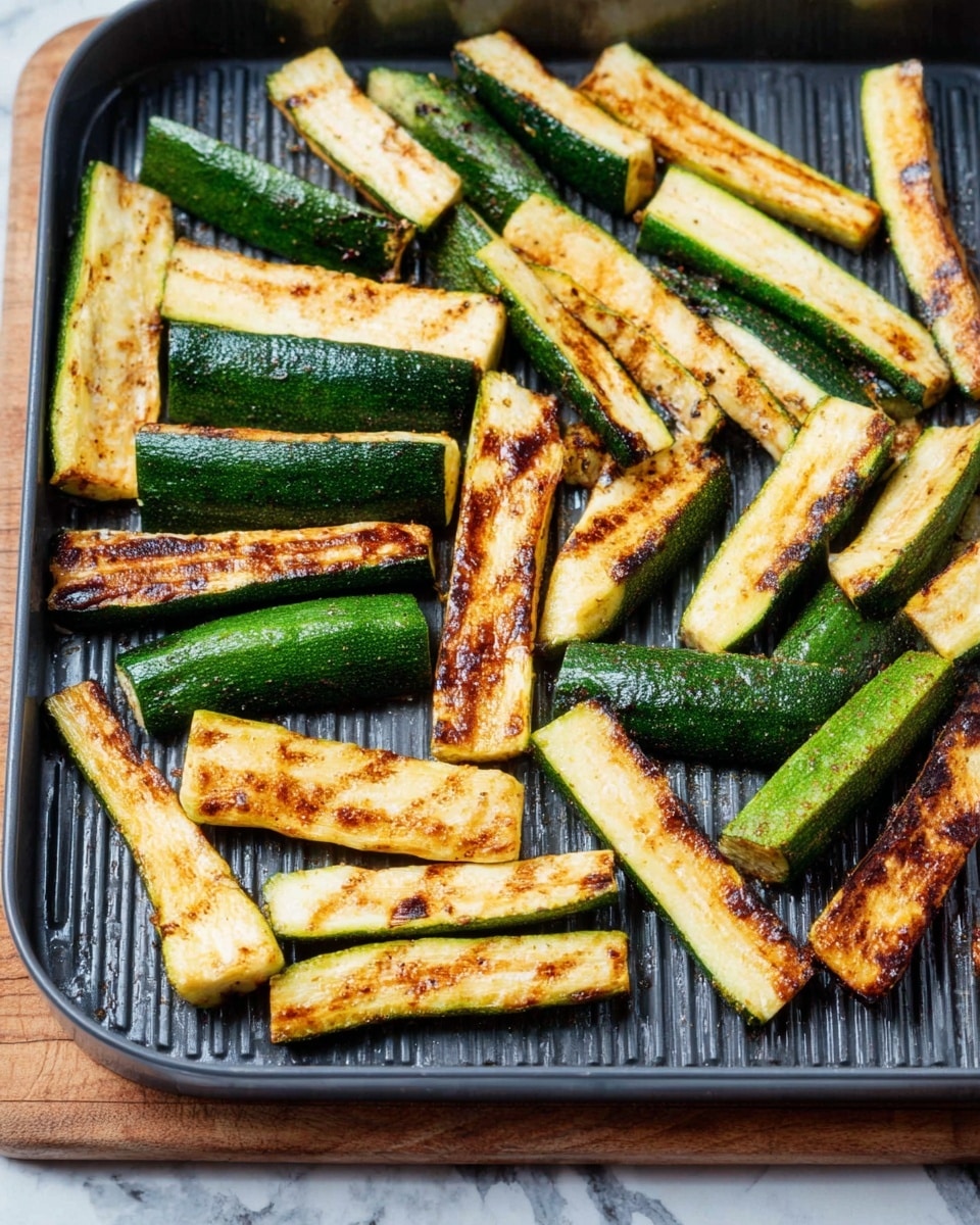 The image shows a dark gray grill tray filled with grilled zucchini pieces arranged loosely across the surface. Each zucchini piece is cut lengthwise into thick strips, with one side bright green and glossy, and the other side golden brown with clear grill marks and slight charring. The grill tray is sitting on a wooden board, and the background is a white marbled texture. The zucchini strips vary in size but are roughly similar in length and thickness photo taken with an iphone --ar 4:5 --v 7