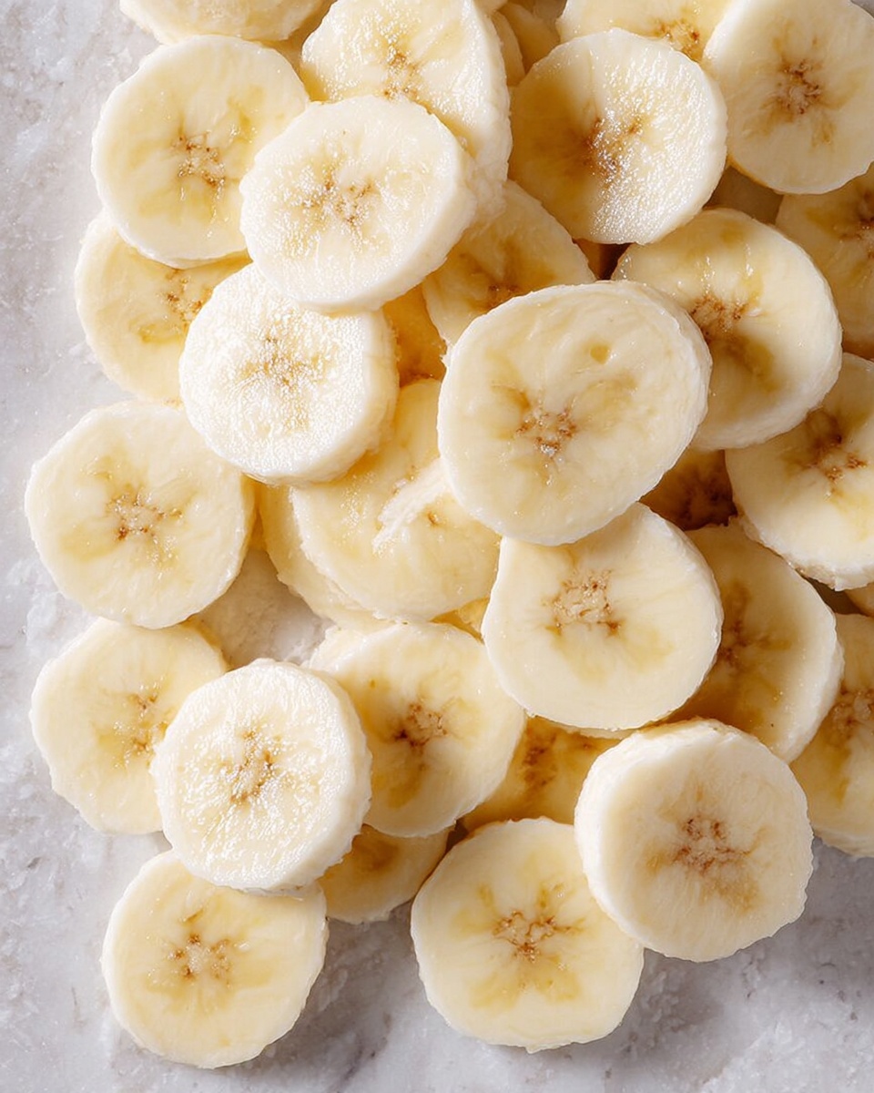 The image shows many round slices of banana stacked closely together. Each slice is light yellow with a smooth, soft texture, and a small star-shaped pattern of darker seeds in the center. The slices overlap in a slightly uneven pile on a surface with white marbled texture. The bright, fresh look of the banana slices contrasts softly with the cool, clean background. photo taken with an iphone --ar 4:5 --v 7