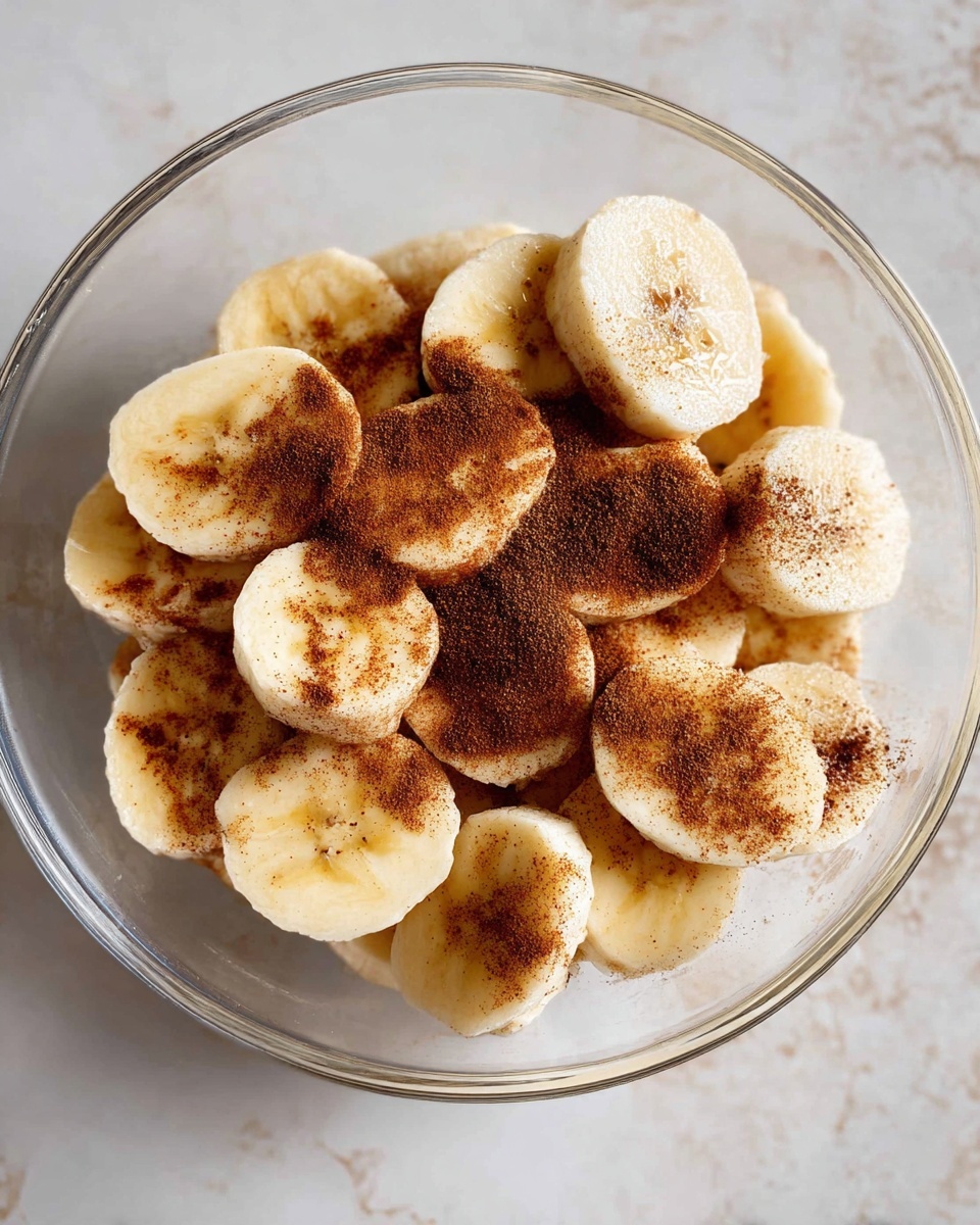 The image shows a clear glass bowl filled with several slices of peeled banana, arranged loosely in one layer. Each slice is pale yellow with a soft, smooth texture. Dark brown cinnamon powder is sprinkled unevenly over the banana slices, creating a contrast with their light color. The bowl is placed on a surface with a white marbled texture, adding a clean and simple background to the dish. photo taken with an iphone --ar 4:5 --v 7