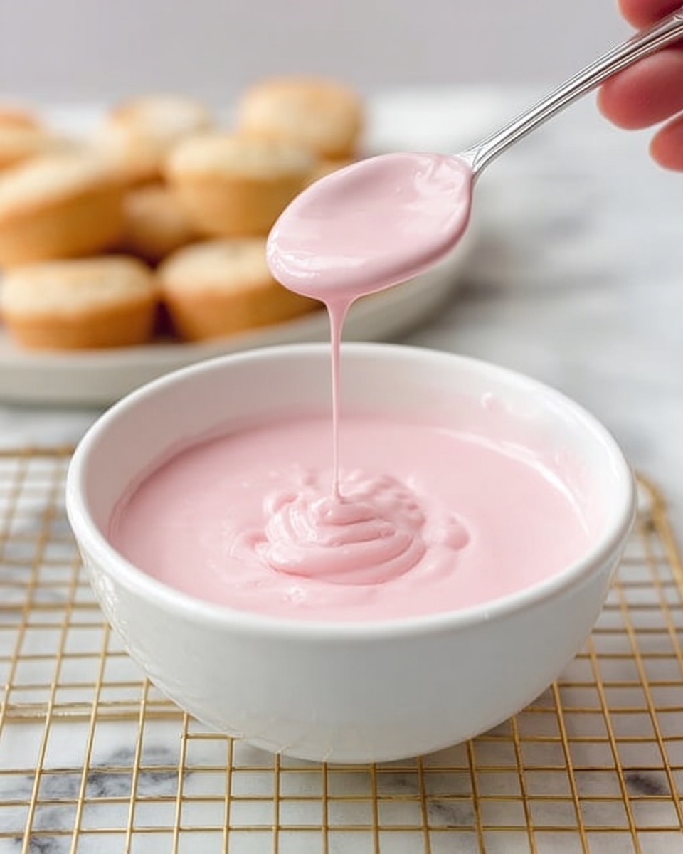 A close-up shows a white bowl filled with smooth, light pink icing that has a shiny texture. A metal spoon held by a woman's hand lifts some icing, and the icing drips slowly back into the bowl, forming a small swirl in the center. The bowl is placed on a golden grid rack, with soft-focus baked goods in the background. The surface below is white marble. photo taken with an iphone --ar 4:5 --v 7