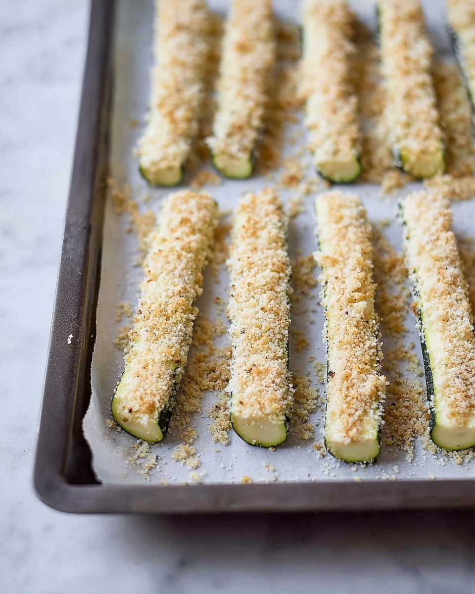 The image shows a baking tray lined with white parchment paper, holding rows of zucchini sticks evenly spaced. Each zucchini stick has a pale green base with skin on the edges, covered by a thick layer of light golden breadcrumbs that look crunchy and speckled with small black pepper spots. The sticks are arranged in neat rows on the tray, which is placed on a white marbled surface. The scene has soft light giving a fresh and clean look. Photo taken with an iphone --ar 4:5 --v 7