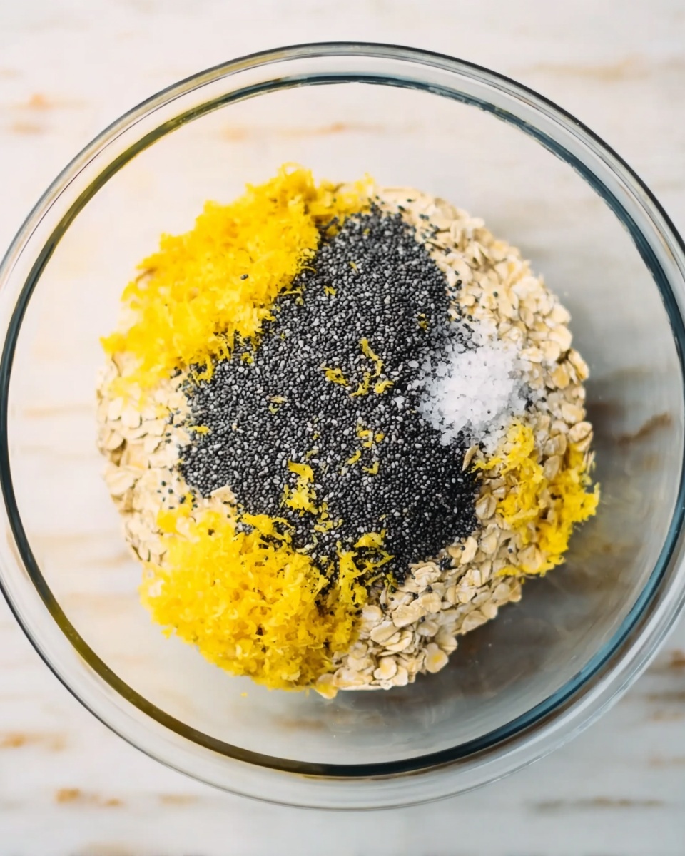 A clear glass bowl sits on a white marbled surface filled with several layers of ingredients. The bottom layer appears to be rolled oats in a light beige color. On top of that, there is a dense layer of black poppy seeds evenly spread across the bowl. Scattered sparsely on top are white salt crystals. Finally, bright yellow lemon zest is placed in small piles around the bowl, adding vibrant color contrast. The ingredients remain separated without mixing. photo taken with an iphone --ar 4:5 --v 7
