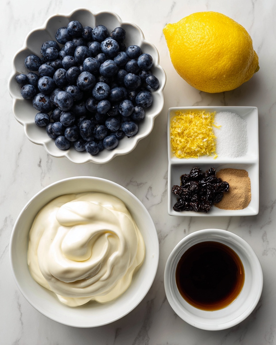 A collection of ingredients is laid out on a white marbled surface, featuring a large white bowl filled with fresh, plump blueberries that are dark blue with a slight shine, positioned at the top left. To the right, there is a white scalloped bowl with smaller, dried dark berries. Next to it is a whole bright yellow lemon with a textured peel. Below the lemon, a white bowl holds thick, creamy white yogurt with smooth swirls in its surface. Above the yogurt bowl is a small white rectangular dish containing finely grated yellow lemon zest. Above the lemon zest dish, another small white rectangular dish has two separate piles of powder: one light brown and the other white. Below the large blueberry bowl, there’s a small white bowl filled with a dark brown liquid that looks like vanilla extract. All items are neatly spaced apart on the white marbled background, photo taken with an iphone --ar 4:5 --v 7