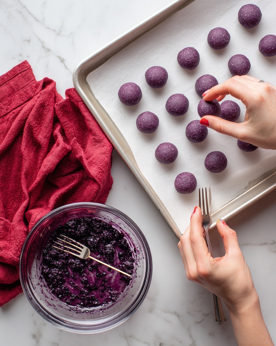 A white tray lined with white parchment paper holds three rows of small, round purple dough balls spaced evenly apart. On the right side, a woman's hand is using a fork to press and form one dough ball, while the other woman's hand holds a toothpick near it. At the bottom right corner, there is a clear glass bowl filled with a purple mixture with visible small dark pieces. A crumpled red cloth sits on the white marbled surface near the bottom left corner. Photo taken with an iphone --ar 4:5 --v 7