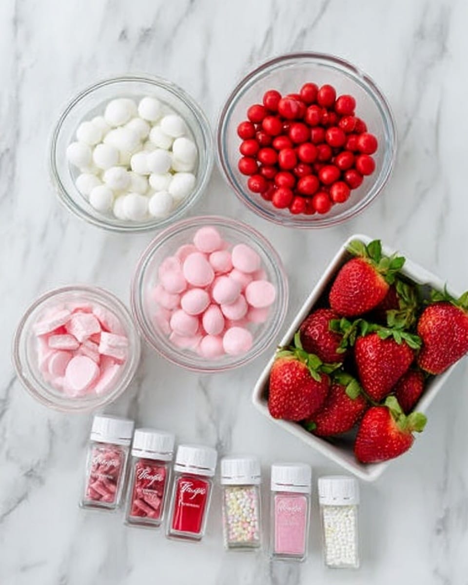 There is a white marbled surface with a collection of small clear glass bowls and a white rectangular container. One bowl is filled with small white round candies, another bowl contains red round candies, and a third bowl holds pink round candies. Next to them, a white rectangular container is filled with fresh red strawberries with green leaves. Below the bowls and container, there are several small bottles of edible decorations in different shades of pink, white, and red arranged in a line. Photo taken with an iphone --ar 4:5 --v 7